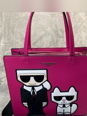 Karl Lagerfeld Hot Pink Leather Satchel with Character Appliqués